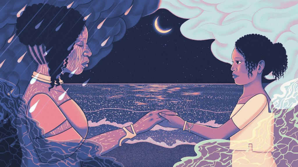 Illustration of Black mother and daughter holding hands, surrounded by rain clouds and waves