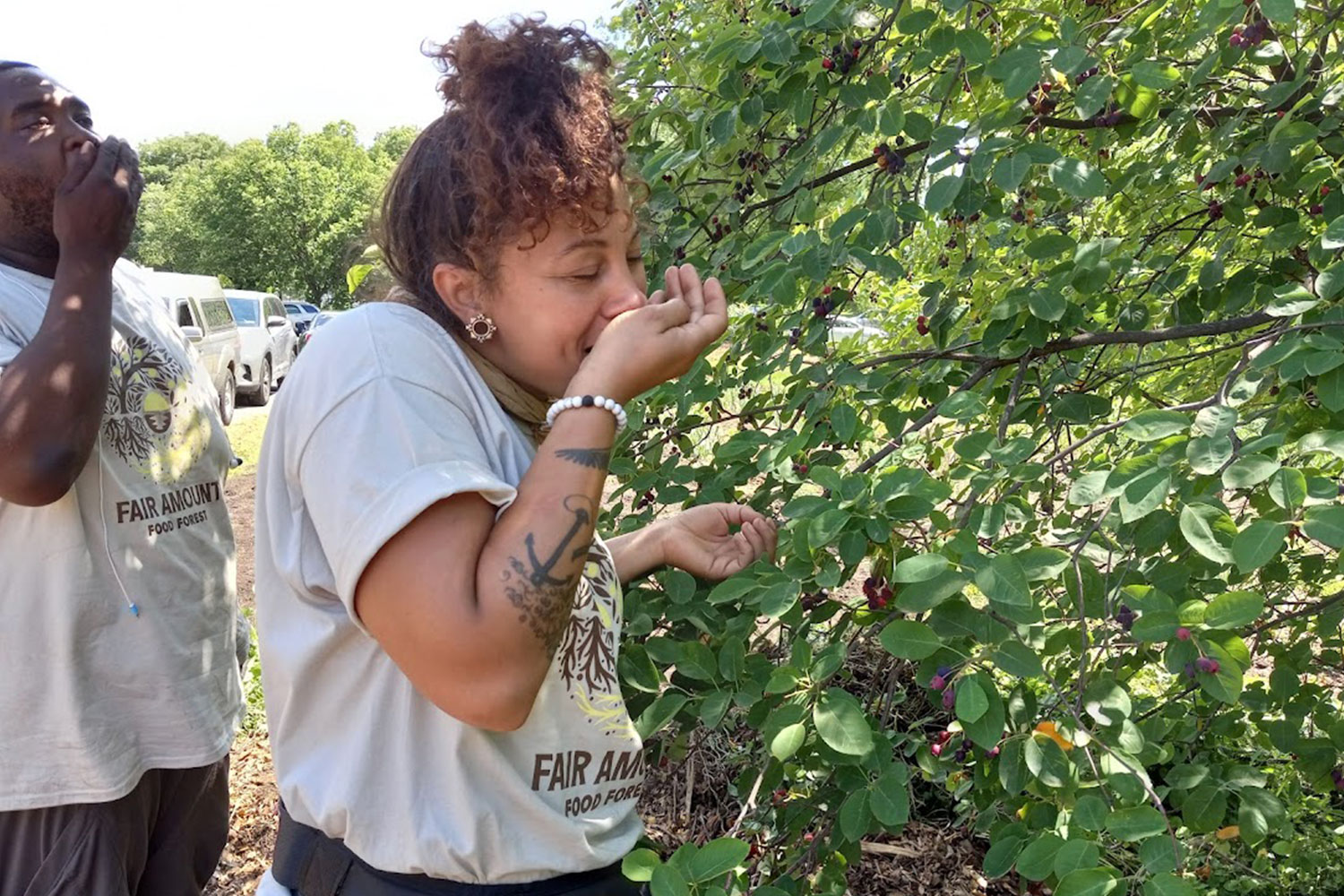 Organizers wearing Fair Amount Food Forest shirts pop serviceberries into their mouths