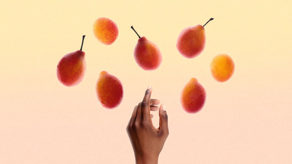 Illustration of Black hand reaching for red plums on a peach background