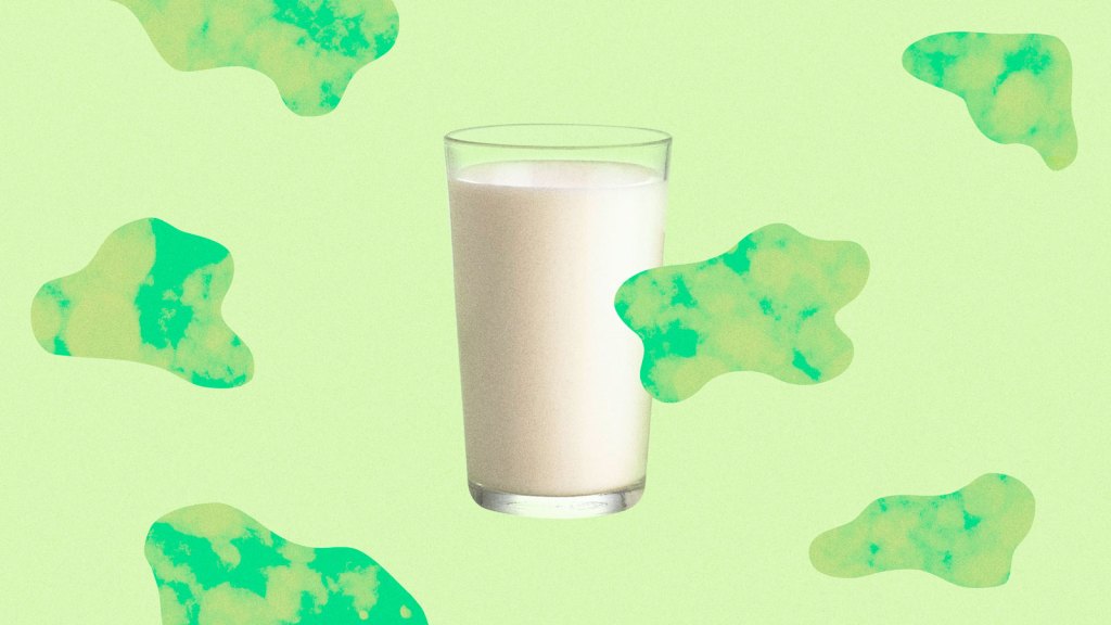 Illustration of glass of milk surrounded by green blobs, resembling cow print