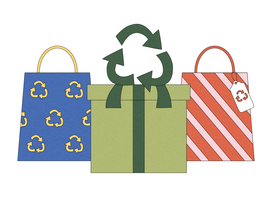 Illustration of three gifts — a blue bag covered in a recycling symbol pattern, a green box with a recycling-symbol-shaped bow, and a red bag with a recycling symbol on its tag