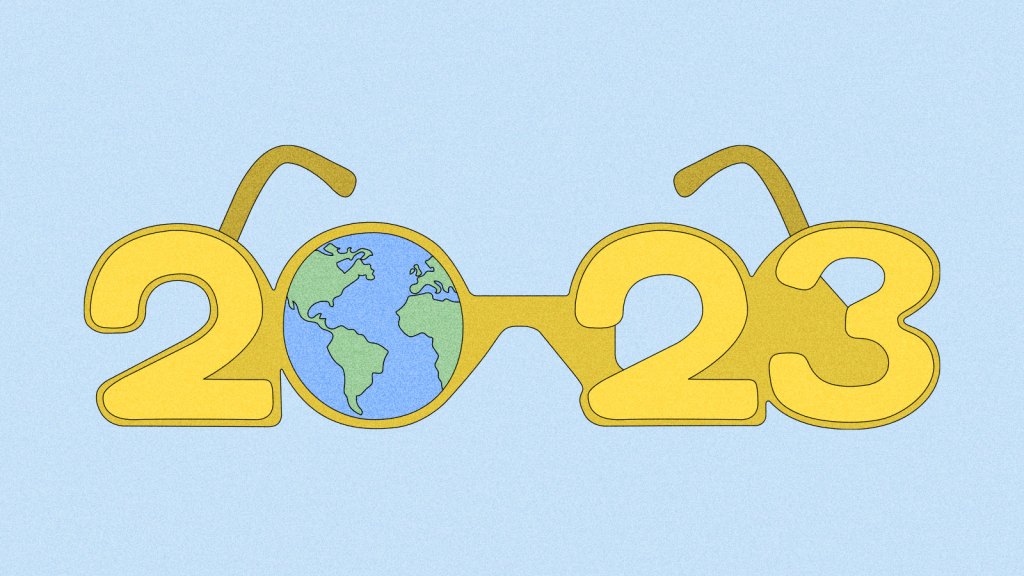 Illustration of yellow 2023 New Year's Eve glasses with an earth in place of the zero