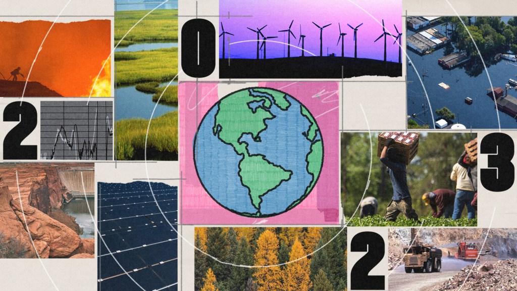 A collage of various climate scenes — a wildfire, wind turbines, solar panels, a flood, people working on a farm. A hand-drawn earth sits in the center and digits spelling out the year 