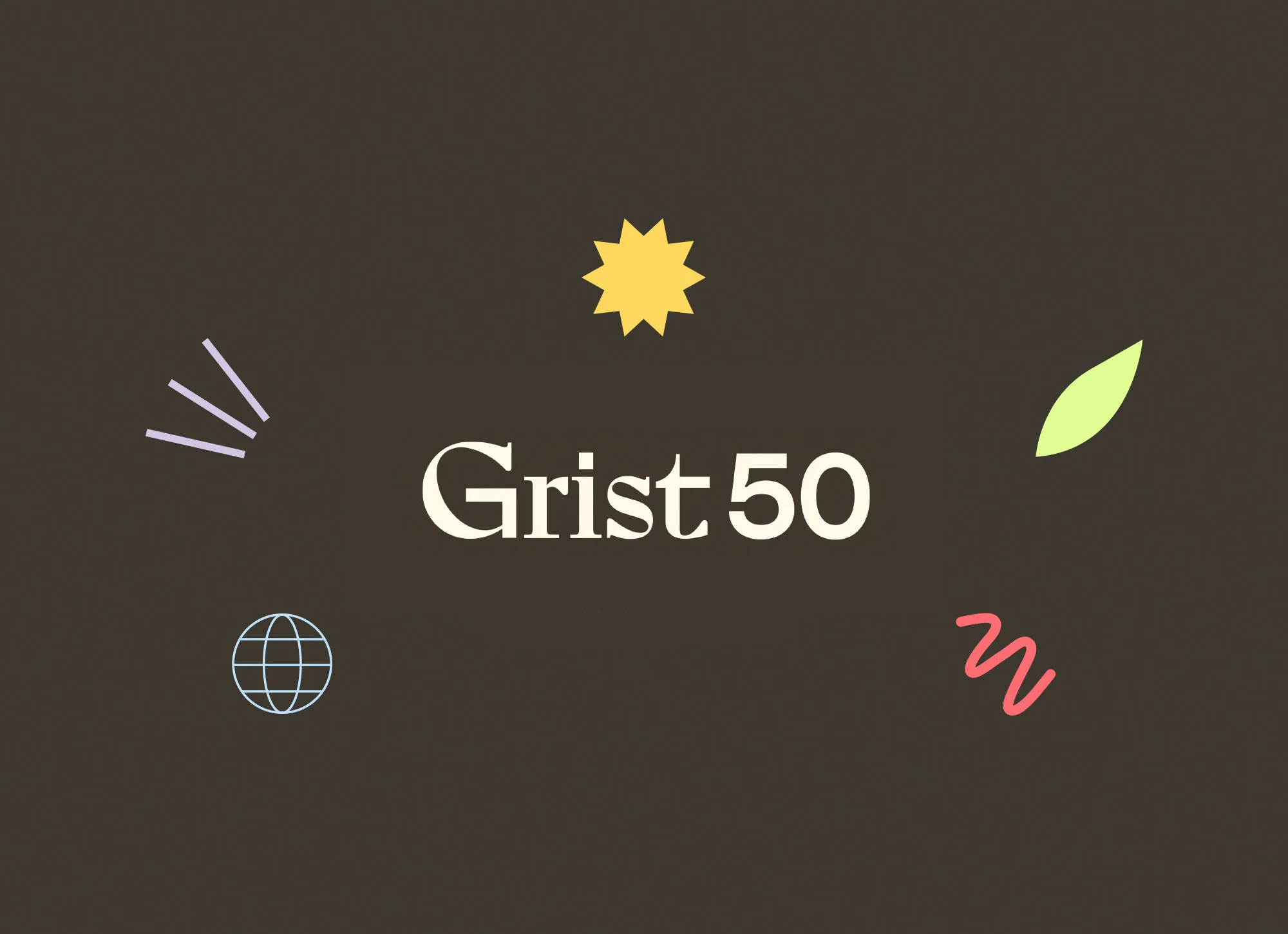 Grist 50 logo surrounded by small, colorful shapes on a dark brown background
