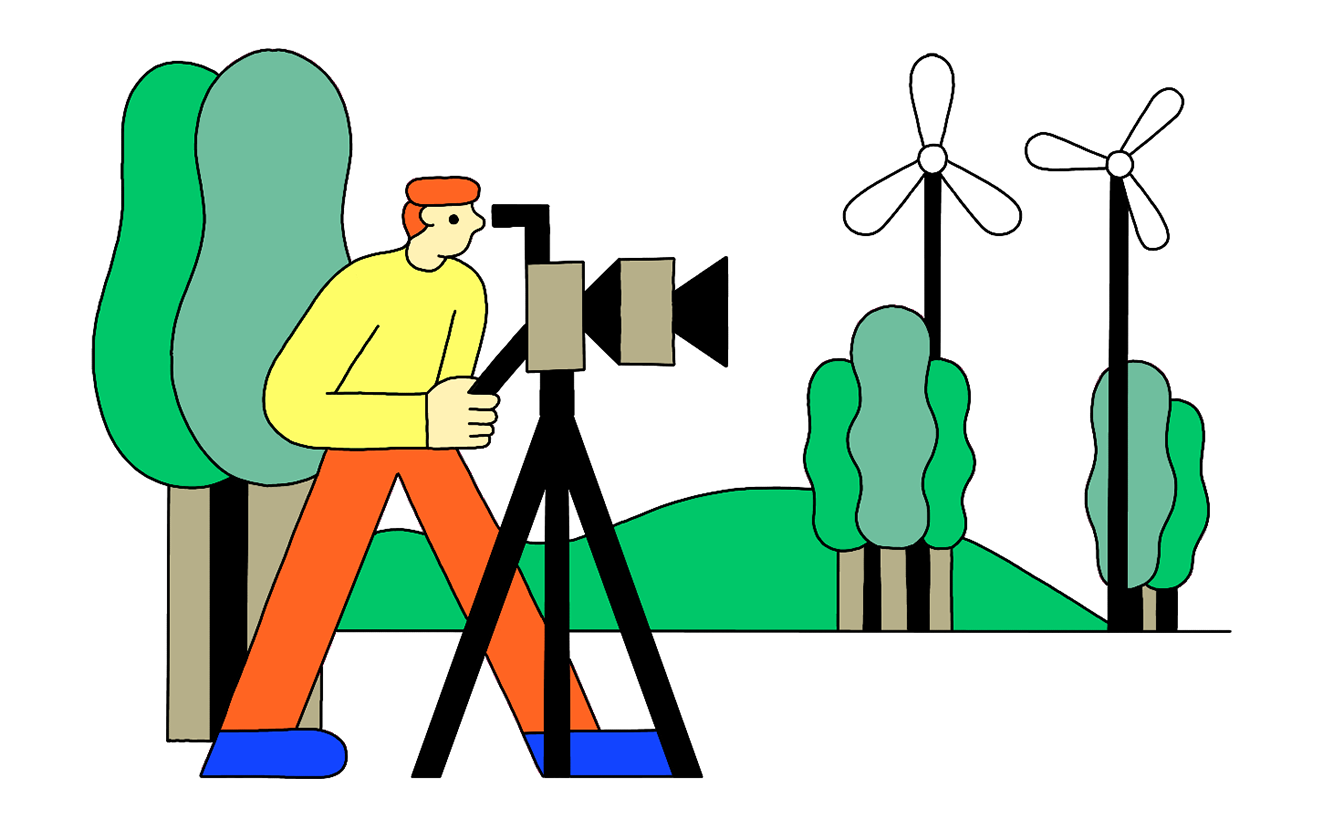 Illustration of person filming landscape with wind turbines