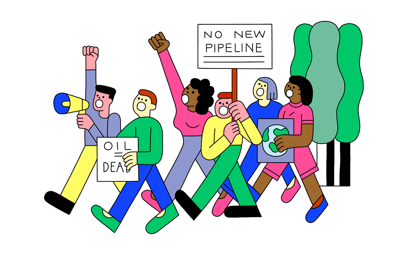 Illustration of protesters marching with signs