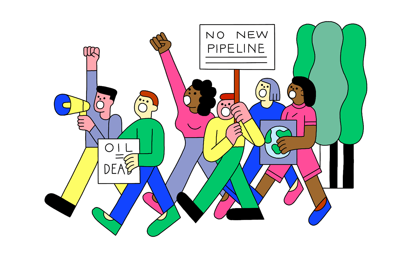 Illustration of protesters marching with signs