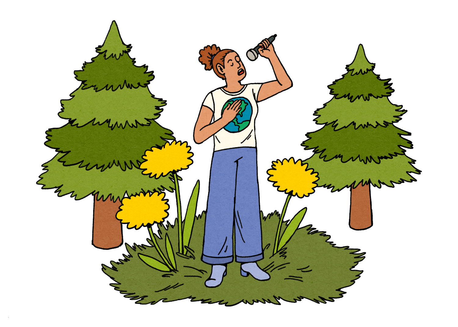Illustration of singer with microphone performing amongst trees and flowers