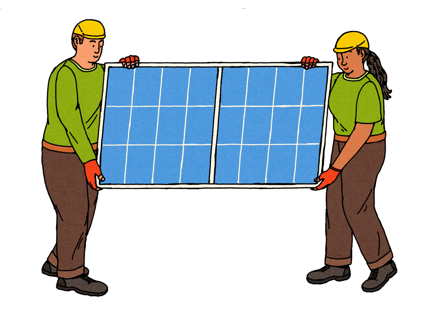 Illustration of two people wearing hardhats carrying a solar panel