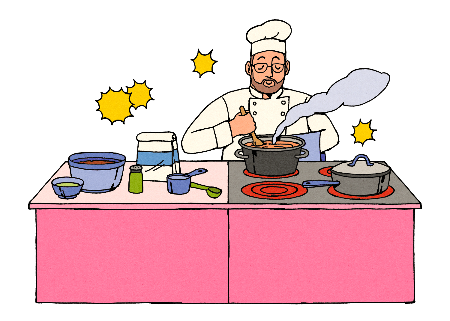 Illustration of chef stirring a pot on an electric stovetop