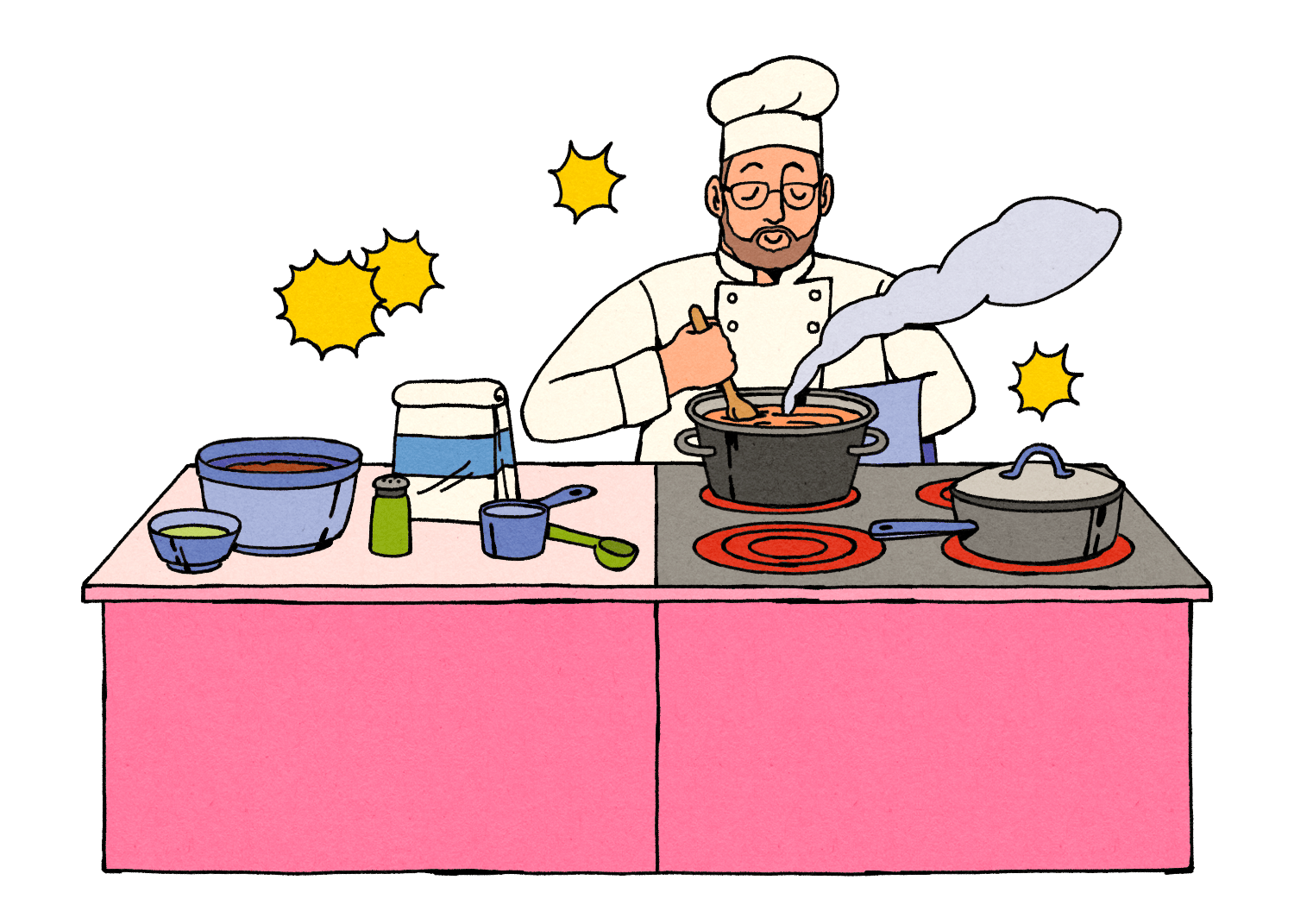 Illustration of chef stirring a pot on an electric stovetop