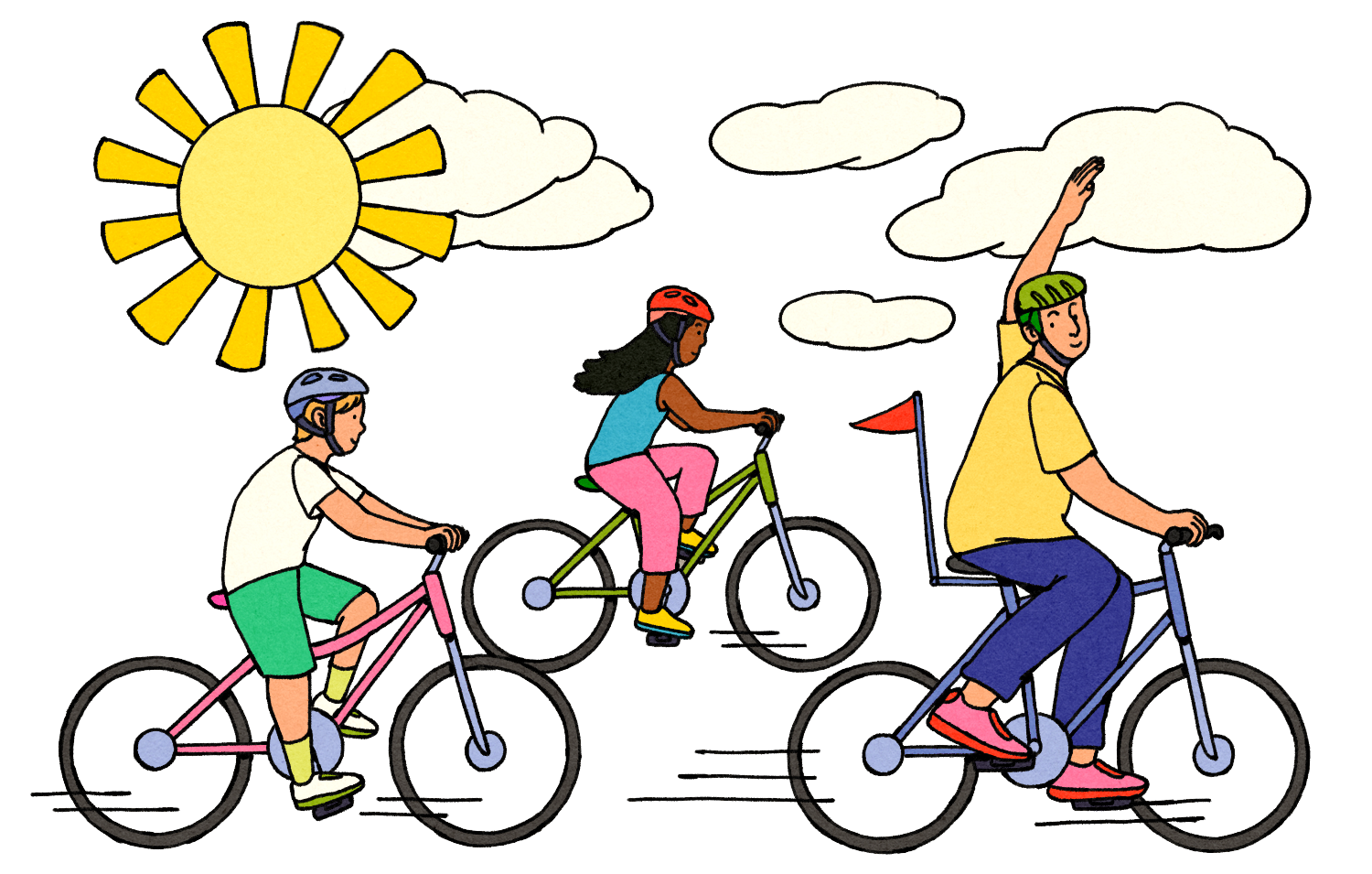 Illustration of cyclist leading children on a bike ride