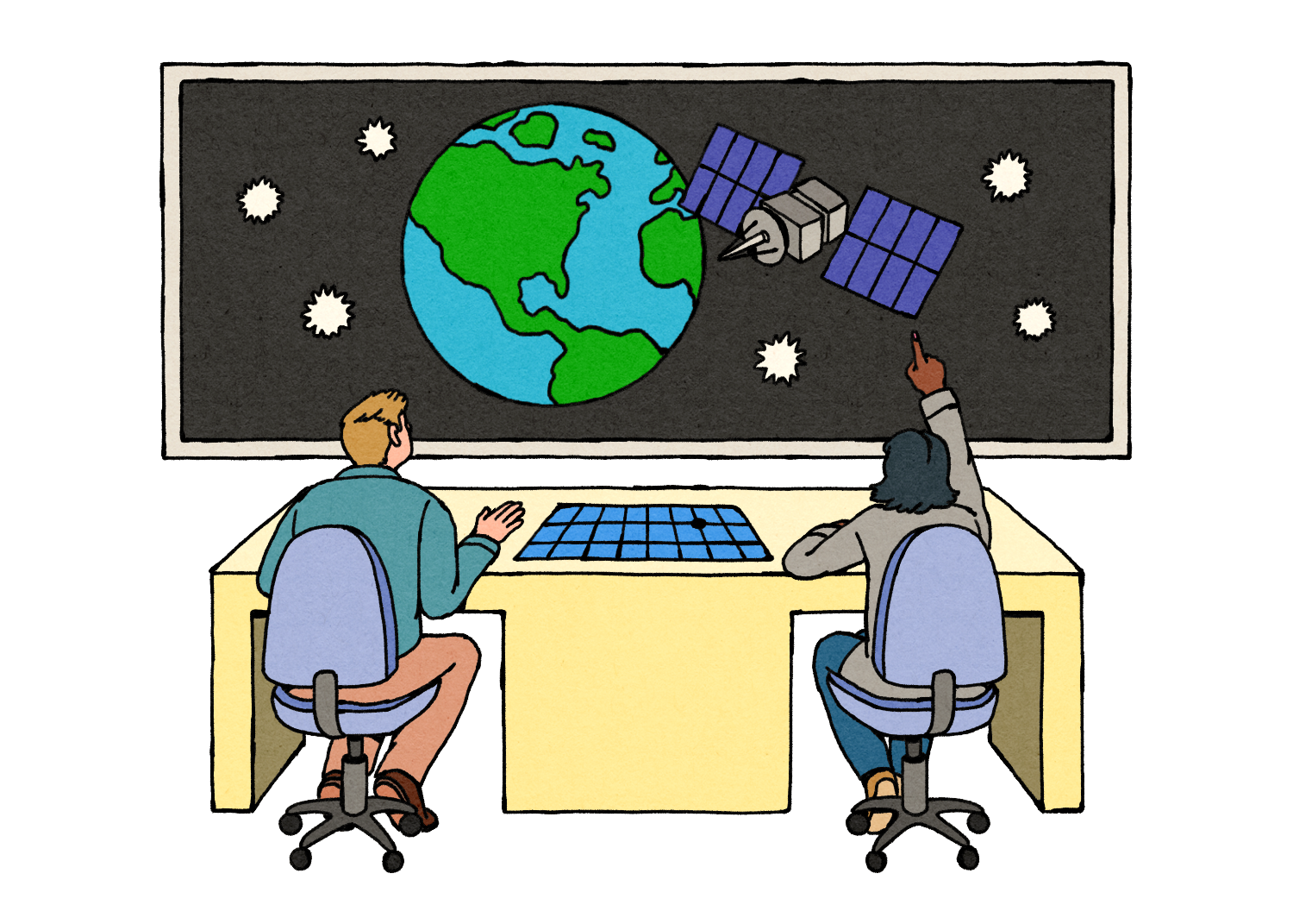 Illustration of two people at a desk observing a satellite on a screen above them