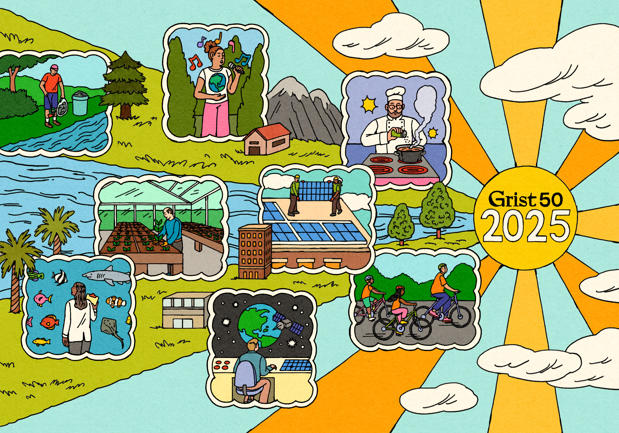 Illustration of sunny landscape featuring vignettes of various climate-focused folks — a chef cooking on an electric stove, two people installing solar panels, a cyclist leading a bike ride, an engineer monitoring emissions with a satellite