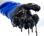 gloved hand covered in oil