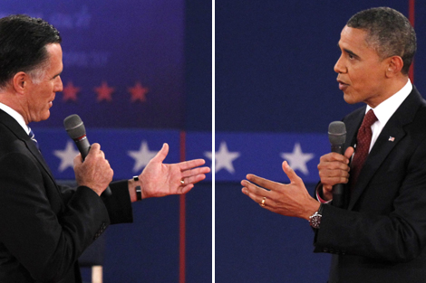 Republican presidential nominee Mitt Romney and President Barack Obama during the second U.S. presidential debate