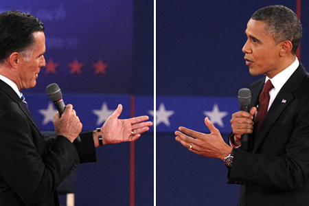 Republican presidential nominee Mitt Romney and President Barack Obama during the second U.S. presidential debate
