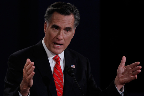 Republican presidential nominee Romney speaks during the first presidential debate with President Obama in Denver