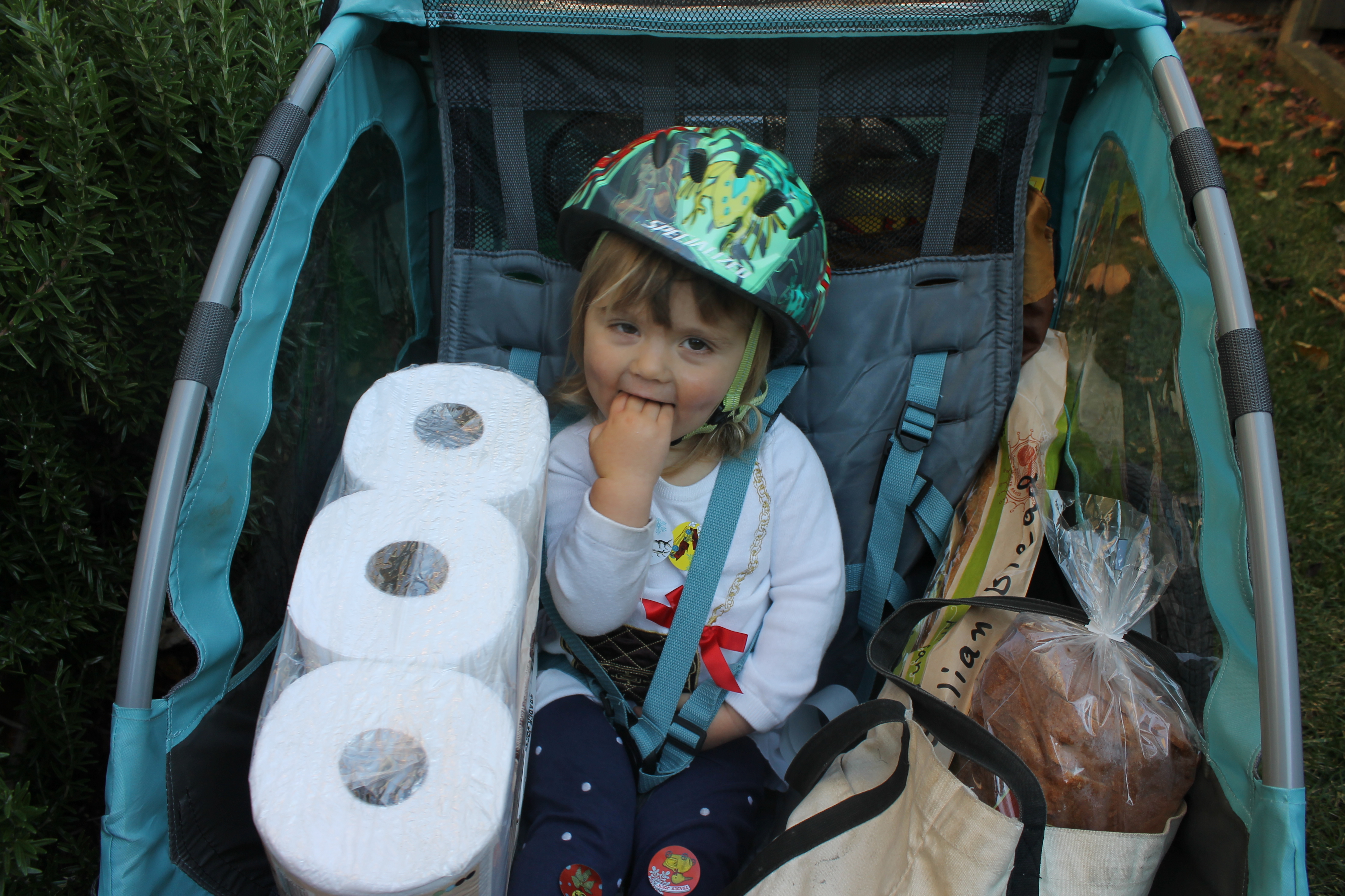My daughter in her bike trailer