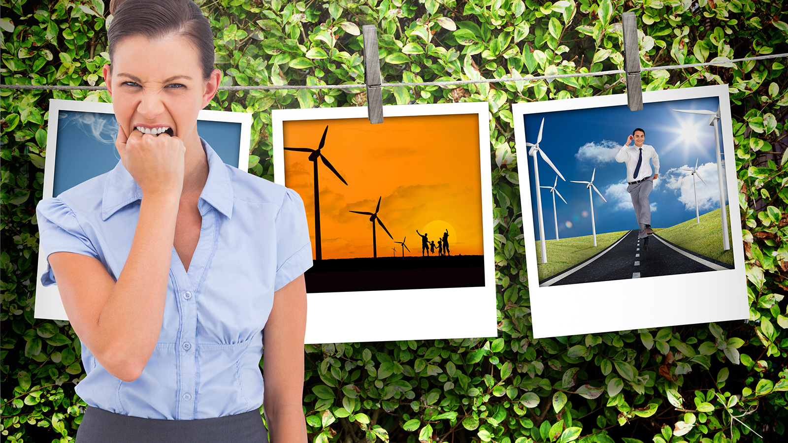 frustrated woman and wind turbines