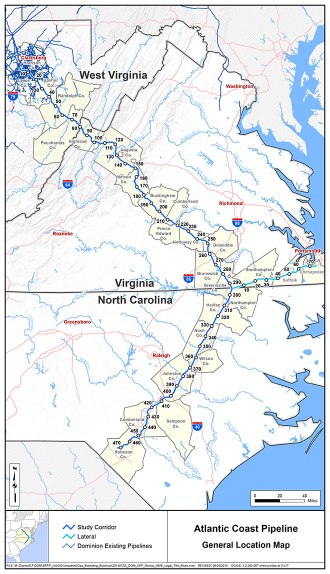 Proposed pipeline path through West Virginia, Virginia, and North Carolina