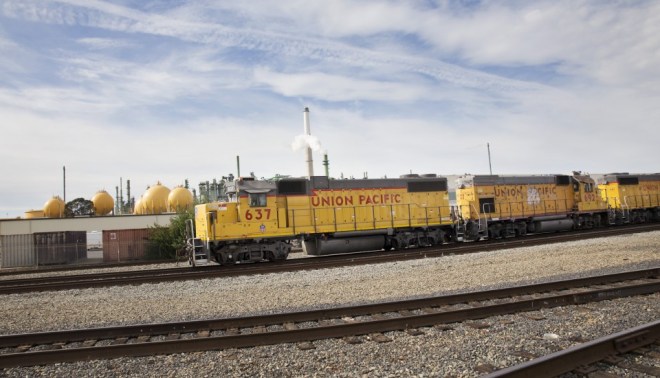 A Union Pacific train engine is parked in front of the Valero refinery in Benicia, CA. Union Pacific has the final say over the logistics of trains arriving to the refinery. 
