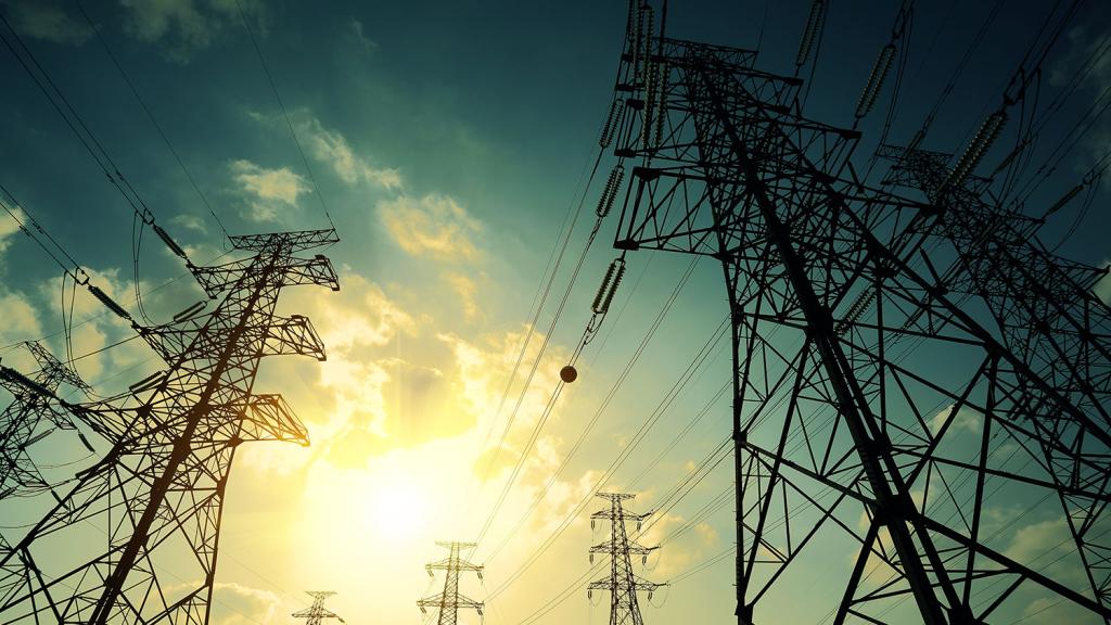 High-voltage power transmission towers in sunset sky background