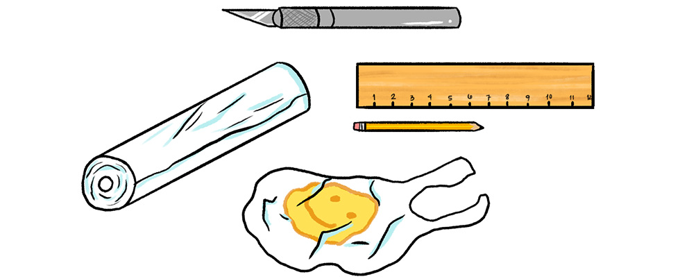 Knife, ruler, pencil, plastic wrap ir bag