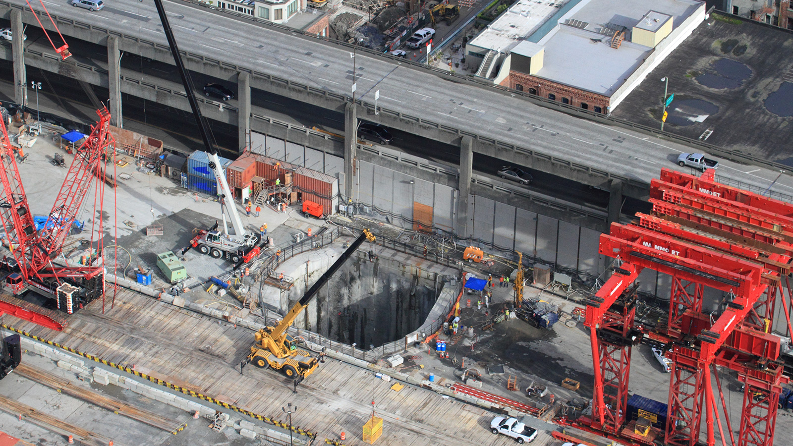 Feb. 13, 2015, aerial photo of the 120-foot-deep pit crews will use to access and repair Bertha, the SR 99 tunneling machine.