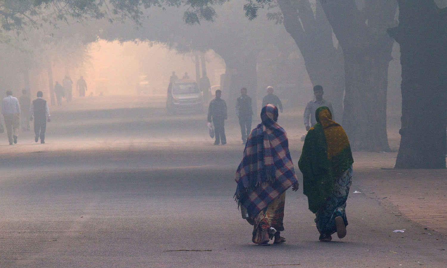 New Delhi, India - November 12, 2012. Daily street life in the early morning during extreme smog conditions.