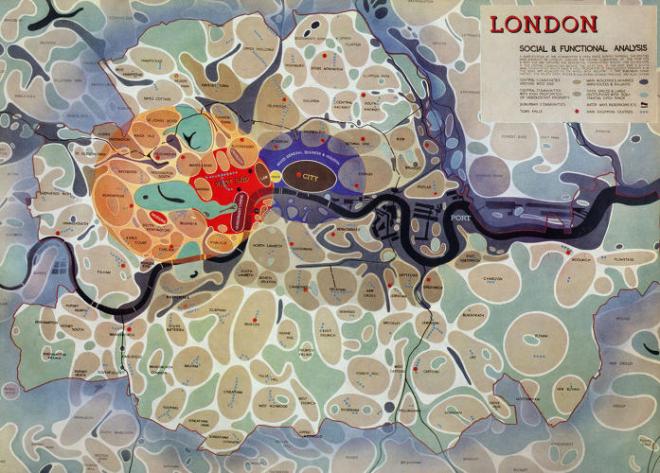 Forshaw's London community map (1943): This map shows a proposed restructuring of London after World War II. It attempts to combat urban sprawl, integrate the city's various ethnicities, and create a generally more egalitarian society. 
