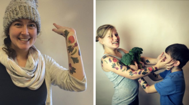 Tater Tats founder Jenna Weiler, left, and kids show off their veggie-themed temporary tattoos. 