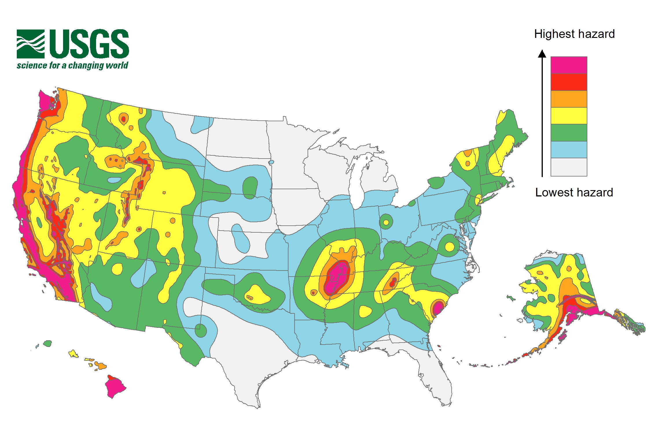 2014 USGS National Seismic Hazard Map, displaying intensity of potential ground shaking from an earthquake in 50 years (which is the typical lifetime of a building).
