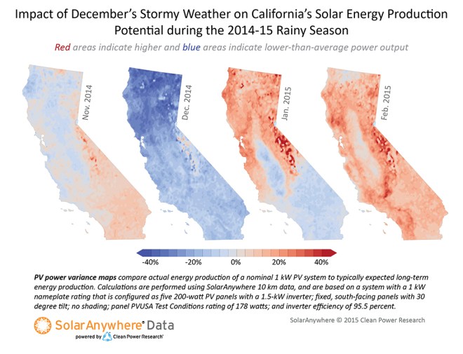 graphic with maps: "Impact of December's Stormy Weather on California's Solar Energy Production Potential During the 2014-2015 Rainy Season"