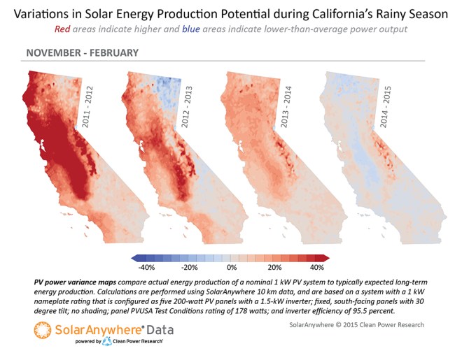 graphic with maps: "Variations in Solar Energy Production Potential during California's Rainy Season"