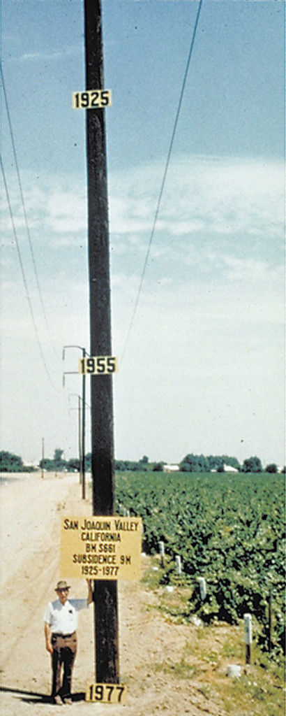 Joseph Poland of the U.S. Geological Survey used a utility pole to document where a farmer would have been standing in 1925, 1955 and where Poland was then standing in 1977 after land in the San Joaquin Valley had sunk nearly 30 feet.