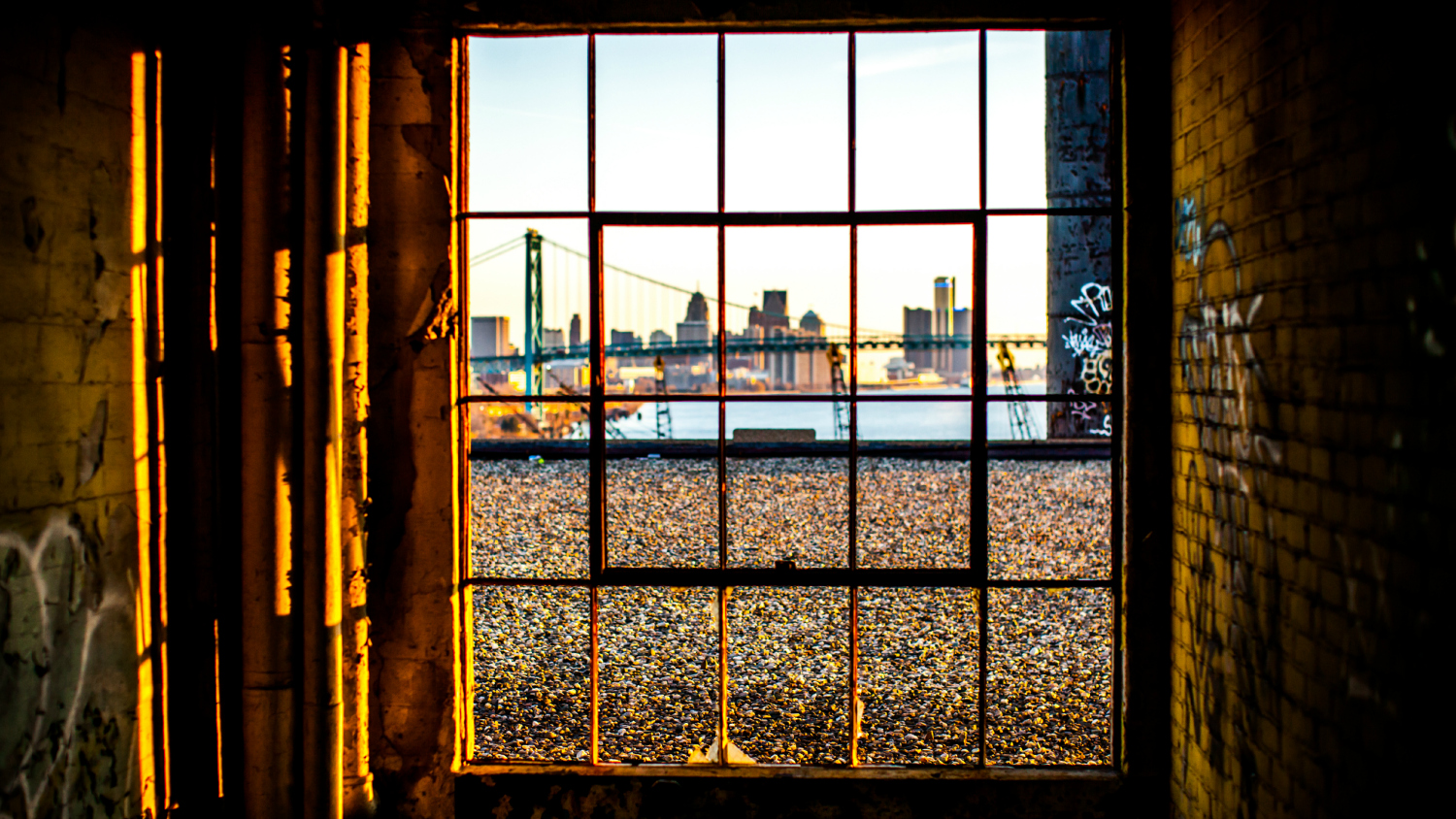 Detroit skyline through old window