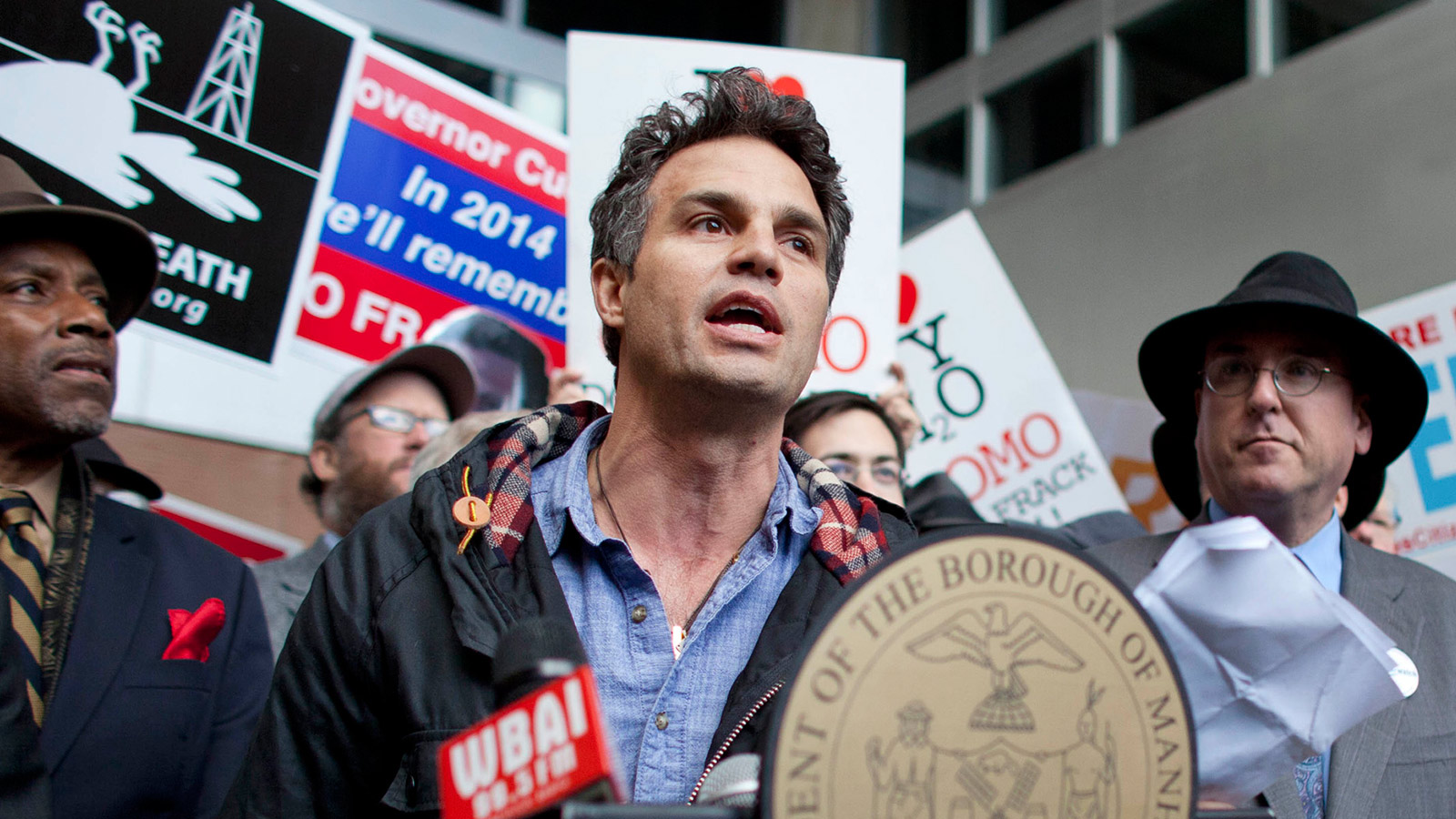 Actor Mark Ruffalo speaks during a protest against hydraulic fracturing outside the Tribeca Performing Arts Center, Borough of Manhattan Community College in New York November 30, 2011.