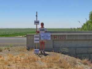 U.S. Geological Survey scientist Michelle Sneed shows where a farmer would have been standing in 1988, before a six-year drought triggered sinking in California’s San Joaquin Valley. It also shows how sinking accelerated in 2008.