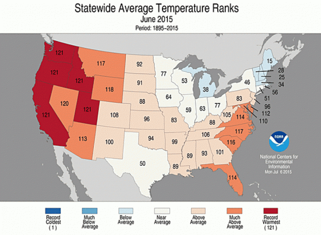 Statewide average temperature ranks for June. Click to embiggen. 