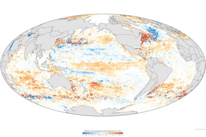 How the heat content of the upper 2,300 feet of the Earth's oceans differed from the 1993-2014 average. Click to embiggen.
