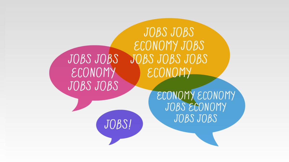 "jobs" and "economy" in speech bubbles