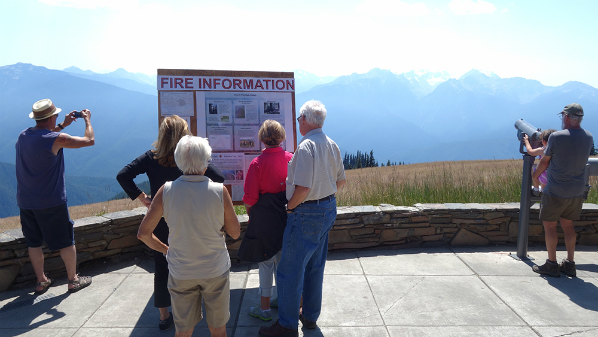 Fire Information Bulletin Board and Smoke from Fire, Hurricane Ridge Visitor Center, Olympic National Park, July 19, 2015.