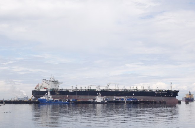 The Chevron oil tanker Pegasus Voyager moored in Port Angeles Harbor (with Geese), July 2015.