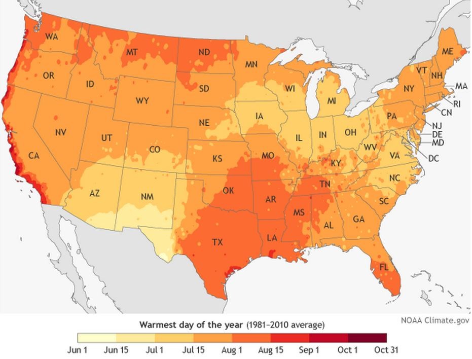Map shows the average hottest day of the year across the United States