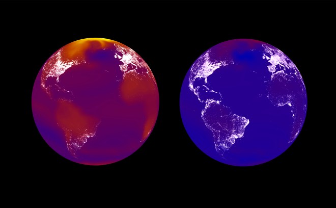 Two possible future. Colors are 2100 temperatures under “business as usual” climate change (left, RCP8.5) and aggressive climate policy (right, RCP2.6).