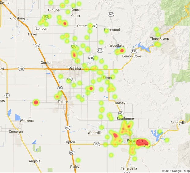 A heat map of dry wells in Tulare County.