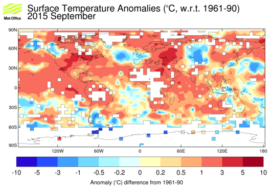 This map shows the global temperature data for September 2015.