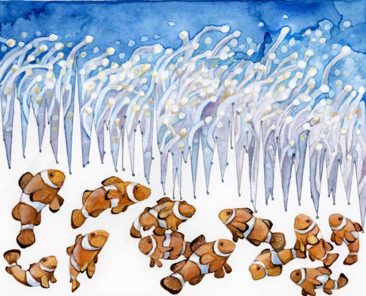 Ecosystems are threatened by ocean acidification, represented in the background of the painting by a decline in ocean pH.