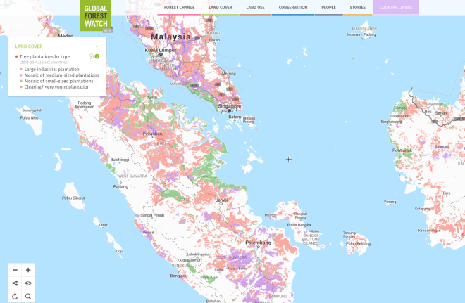 Large plantations (red) along with small (green), and medium sized farms (purple).